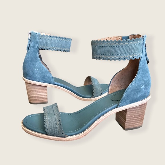 Frye Teal/Turquoise Brielle Scallop Leather Suede Ankle Strap Heel Pumps/Sandals - Picture 8 of 16